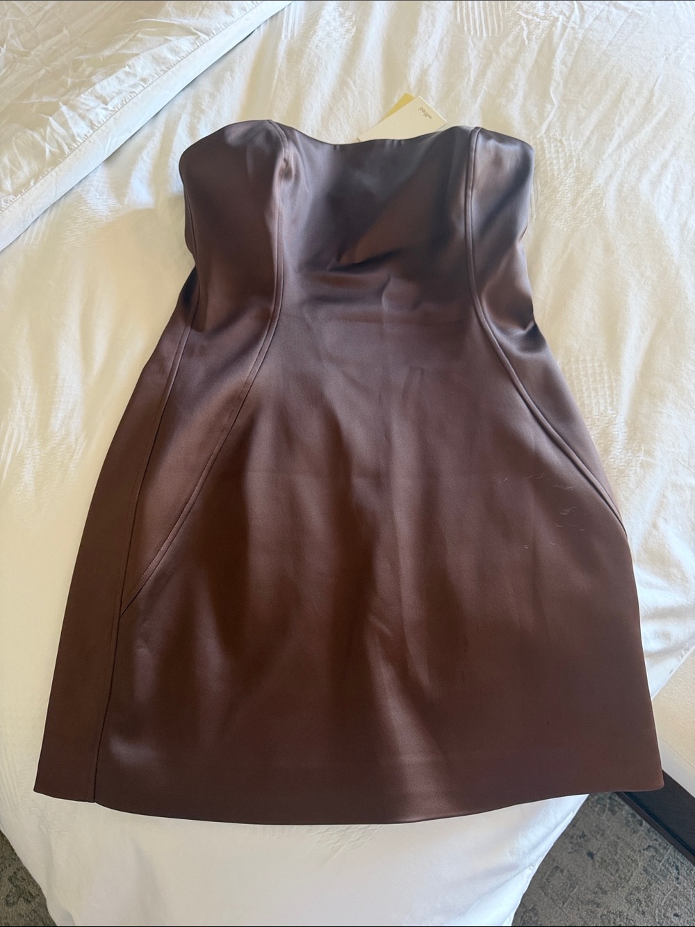 Wilfred Strapless Satin Mini Dress in Deep Brown